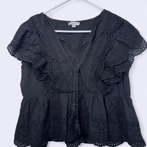 Jennifer + Grace Black Eyelet Peplum Top — XL